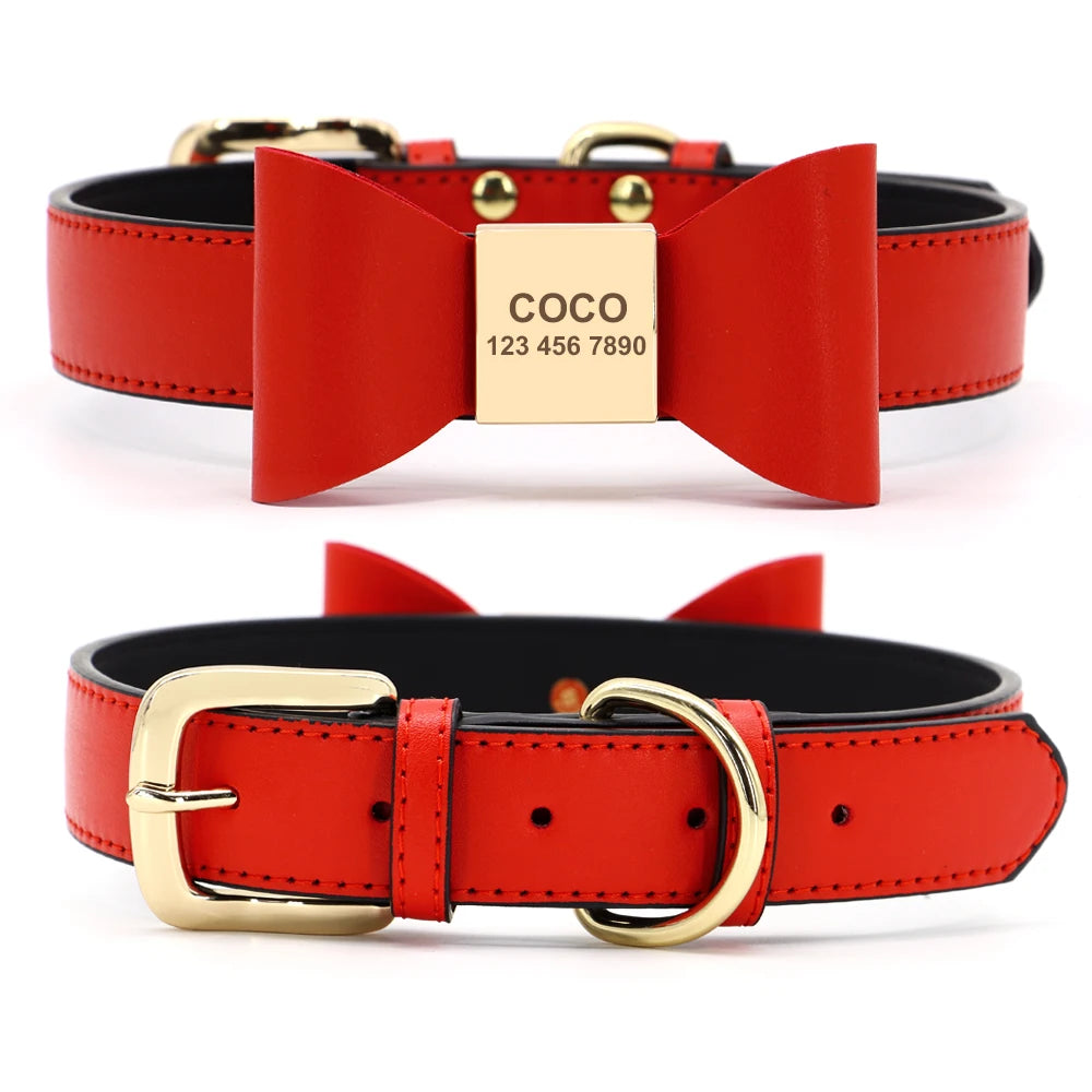 BowID™ Personalized Dog Collar - Soft PU Leather with Bowknot, Anti-Lost ID