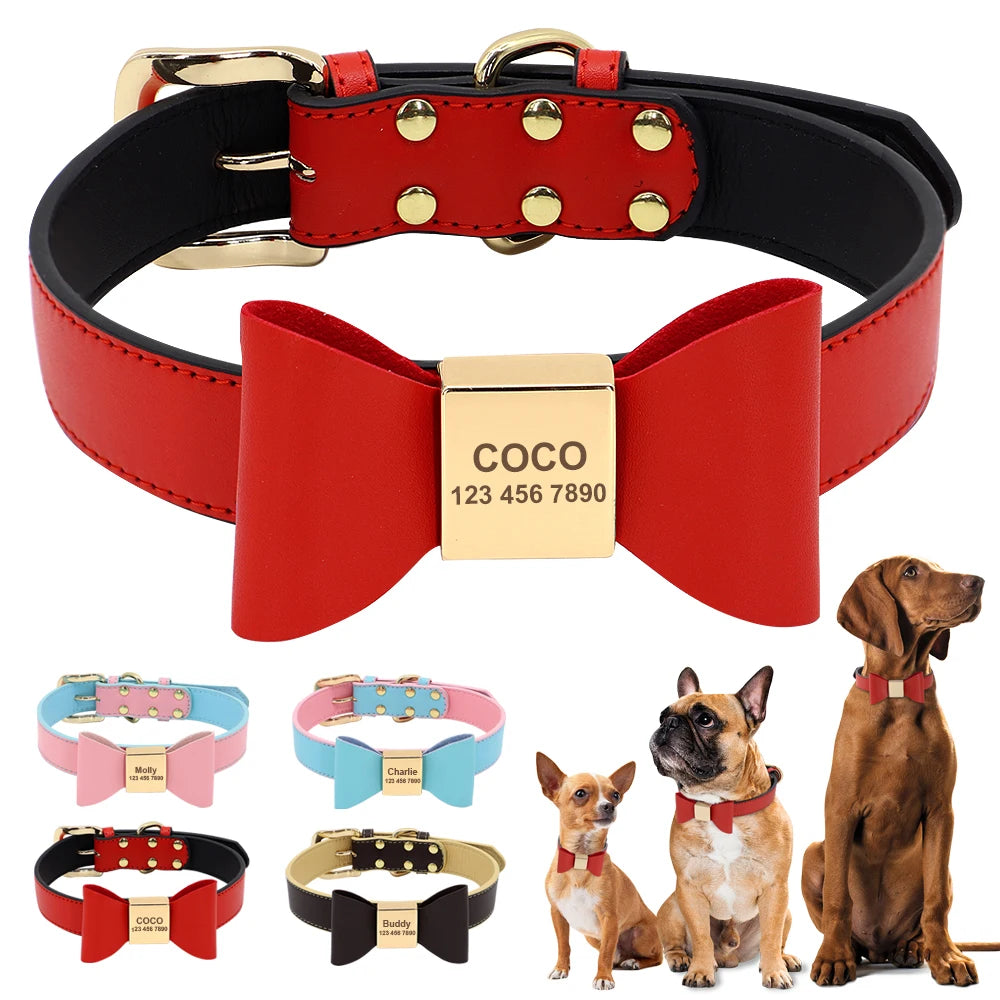 BowID™ Personalized Dog Collar - Soft PU Leather with Bowknot, Anti-Lost ID