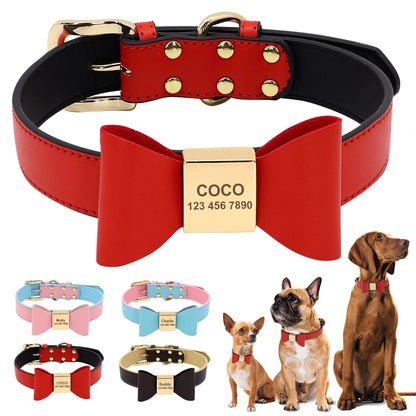 BowID™ Personalized Dog Collar - Soft PU Leather with Bowknot, Anti-Lost ID