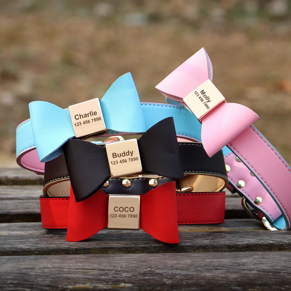 BowID™ Personalized Dog Collar - Soft PU Leather with Bowknot, Anti-Lost ID