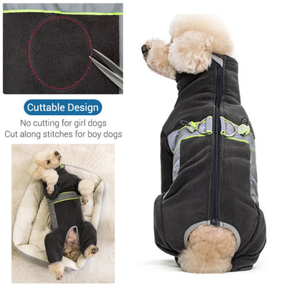 SafeGlow™ Fleece Dog Coat with Legs - Reflective, Fully Closed Winter Pajamas
