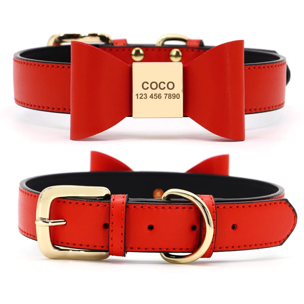 BowID™ Personalized Dog Collar - Soft PU Leather with Bowknot, Anti-Lost ID