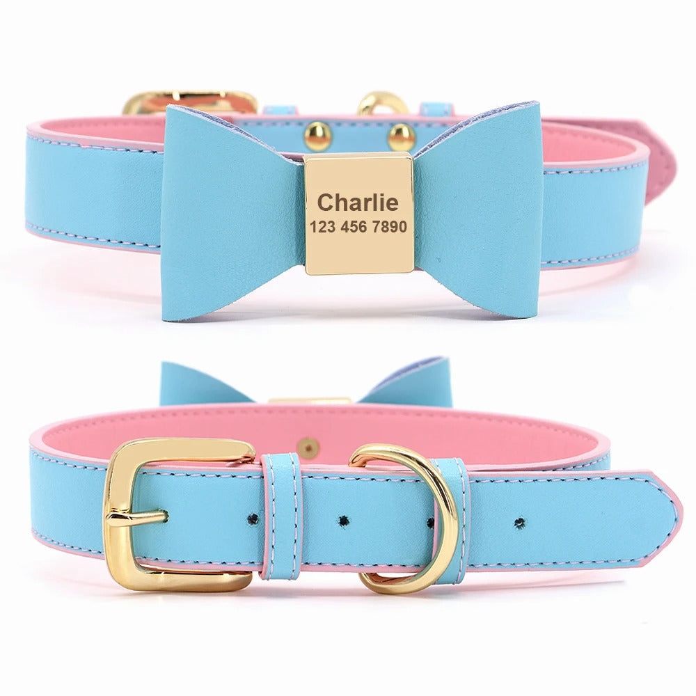 BowID™ Personalized Dog Collar - Soft PU Leather with Bowknot, Anti-Lost ID